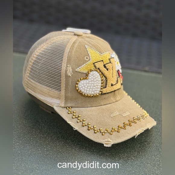 Beautiful Handmade Distressed Tan Crystal Embellished LV Collage Ball Cap main image 8